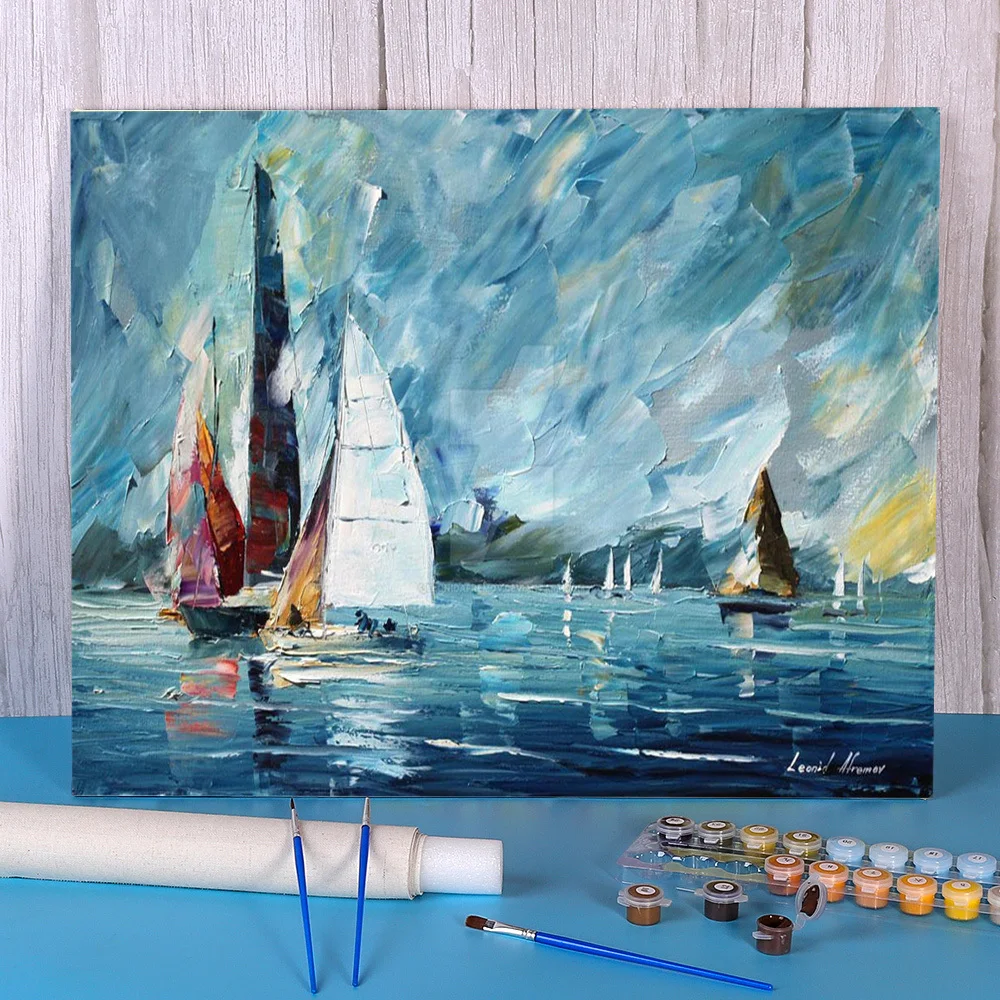 Sailing Regatta Coloring By Numbers Painting Package Acrylic Paints 50*70 Canvas Painting Loft Wall Picture Crafts   Handiwork