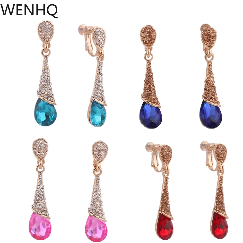 

WENHQ Rhinestone Crystal Teardrop Screw Clip on Earrings No Pierced for Women Party Wedding Fashion Jewelry No Hole Ear Clip New