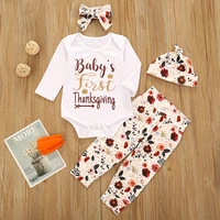 2020 talloly thanksgiving new letter printing long sleeve romper printed trousers hat headwear four piece set