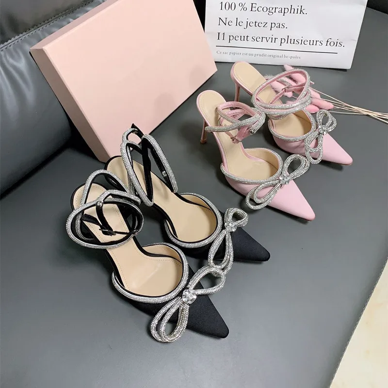 

Ollymurs Bowtie-knot Wedding Shoes Pink Black Satin Bridal Pumps Transparent Pointed Toe Glittery Crystal Shoes Women