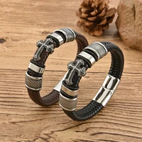 cross leather bracelet stainless steel black woven braselets magnet brown bangle for men simple popular design