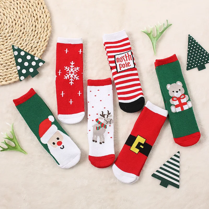 1 Pair Cotton Spring Winter Autumn Baby Girls Boys Kids Socks Children Striped Terry Snowflake Elk Santa Claus Christmas