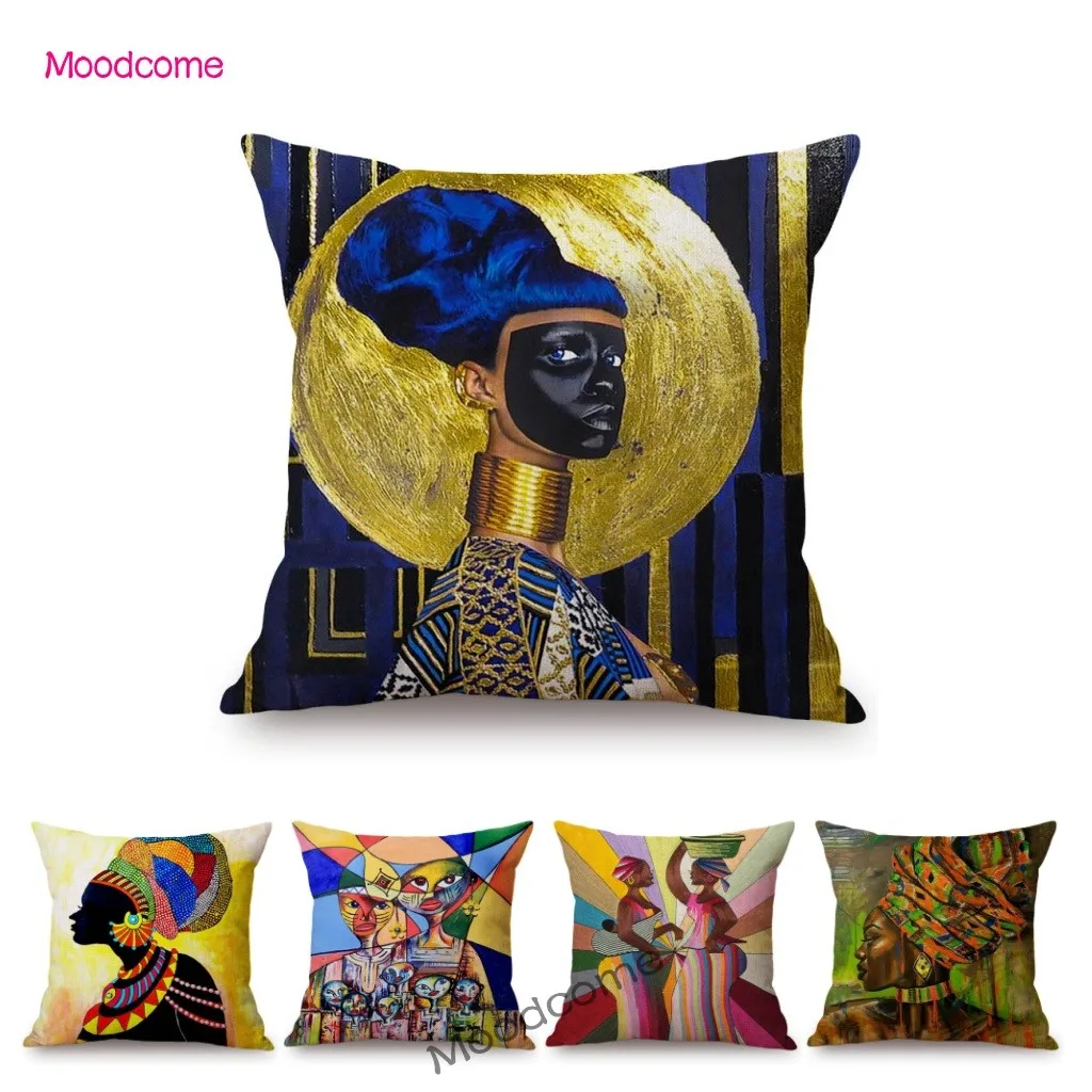 

Abstract Africa Woman Home Decoration Art Cotton Linen Sofa Throw Pillow Case Metallic Black Girl Car Cushion Cover Case