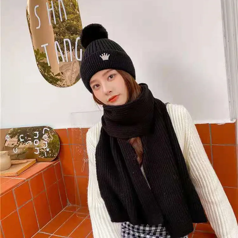 

Winter 2021 New Fur Pompom Thick Warm Knitted Woolen Hat Scarf Two-Piece Boy And Girl Pullover Hat Outdoor Warm Children's Hat