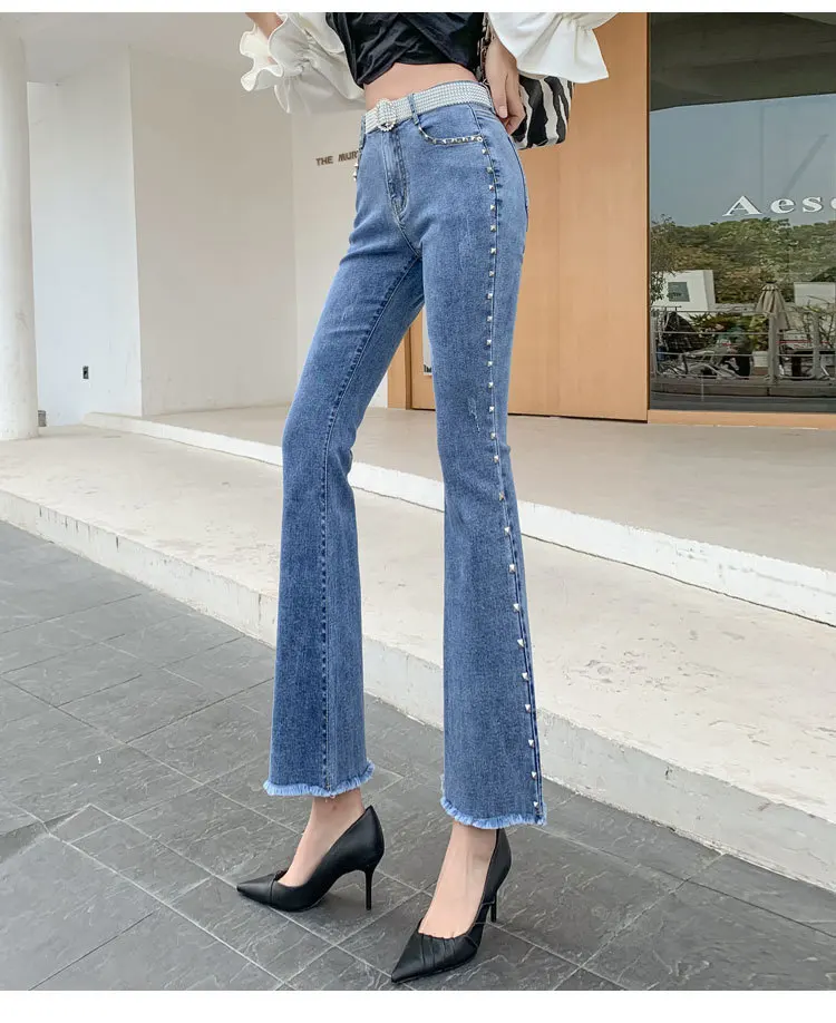 

Spring New Fashion High Waist Pearl Flared Women's Pants Women's Jeans Ankle-Length Trousers.
