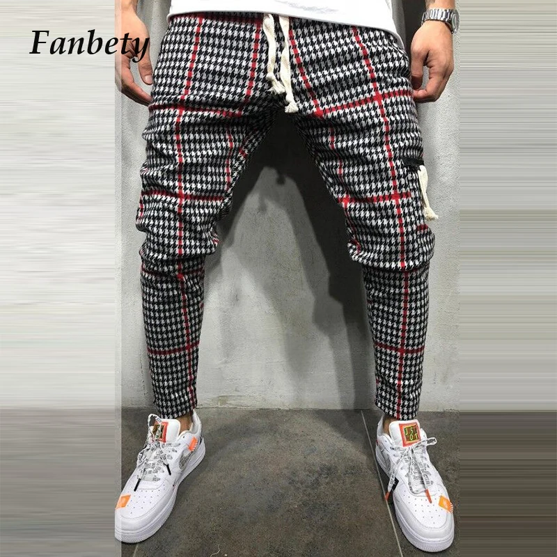 

Men's Casual Elastic Skinny Pencil Pants Fashion Plaid Printed Slim Sweatpants 2021 Spring Summer Vintage Drawstring Trousers