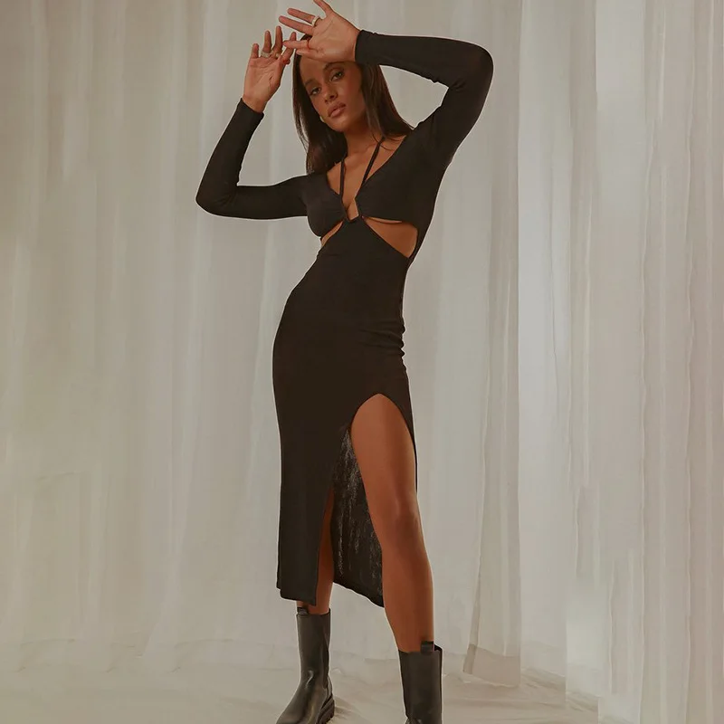 

Модные осенние облегающие платья со шнуровкой, эстетичное сексуальное платье средней длины с длинным рукавом и разрезом, клубвечерние вече...
