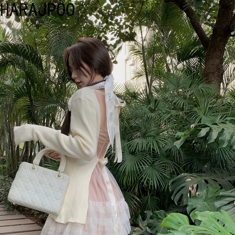 

Harajpoo Cardigan Woman Korean Sexy Solid Harajuku Lace Long Sleeve Knitwear V Neck 2021 Fall Women Clothing Mini Dress Suits