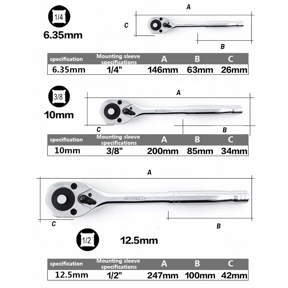 

3/8\\\\\\\" Ratchet Wrenches 3pcs 72T Handle Professional Ratchet Set Stubby