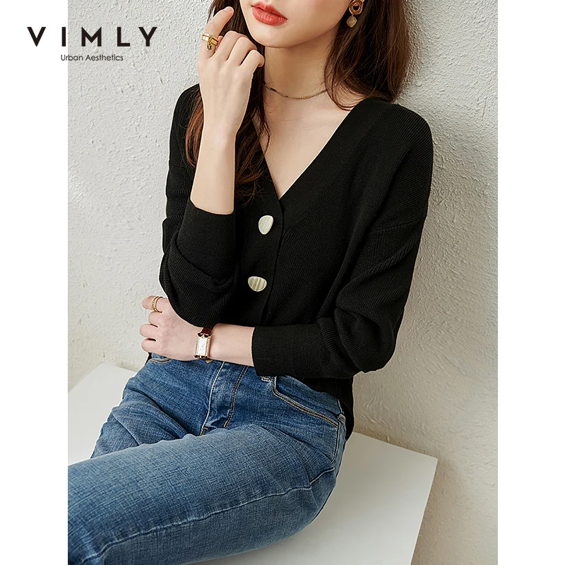 

Женский кардиган Vimly, однотонный однобортный вязаный кардиган с V-образным вырезом, элегантная верхняя одежда, женский свитер, топы, F6699