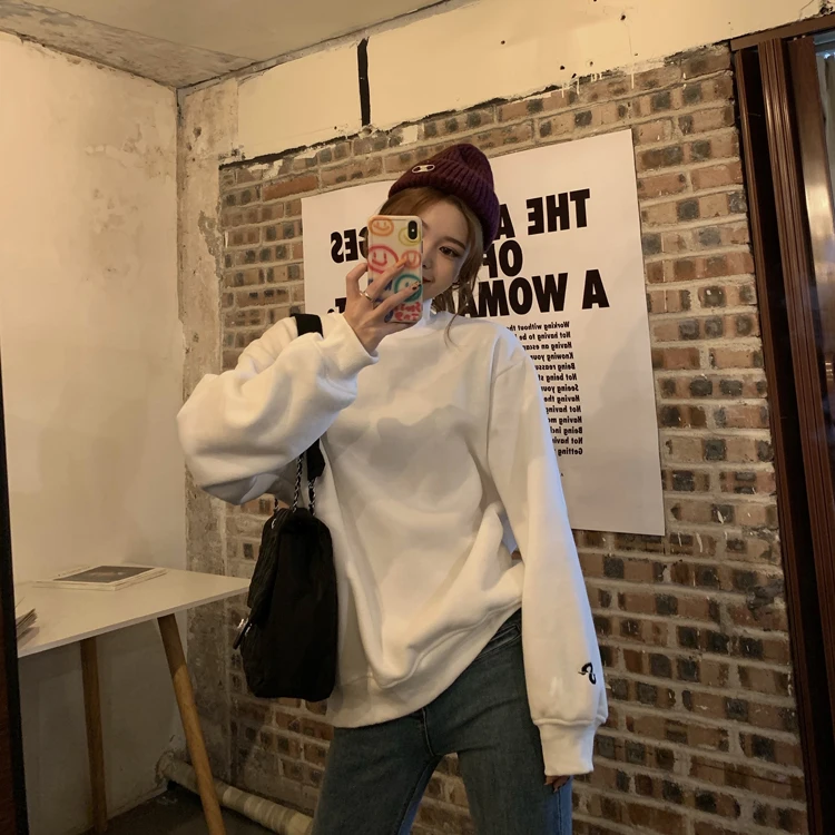 

XZ2538 2021 Loose pullover round neck hoodless Casual all-match velvet long-sleeved Sweatshirts women