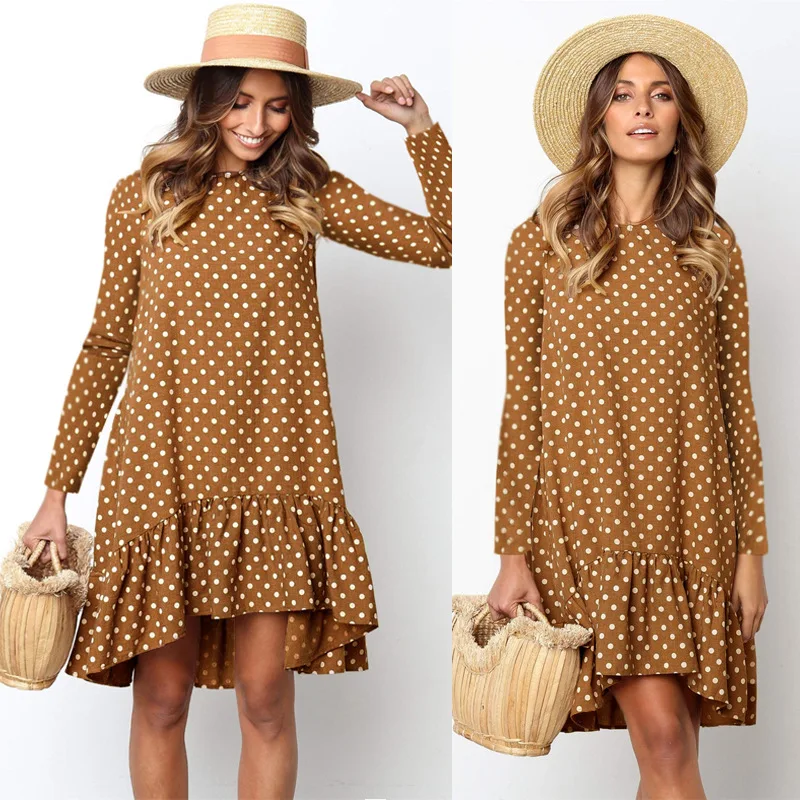 

Women Polka Dot Chiffon Dress 2020 Spring Long Sleeve O Neck Loose Ruffle Dresses Female Casual Midi Beach Dress Vestido Mujer