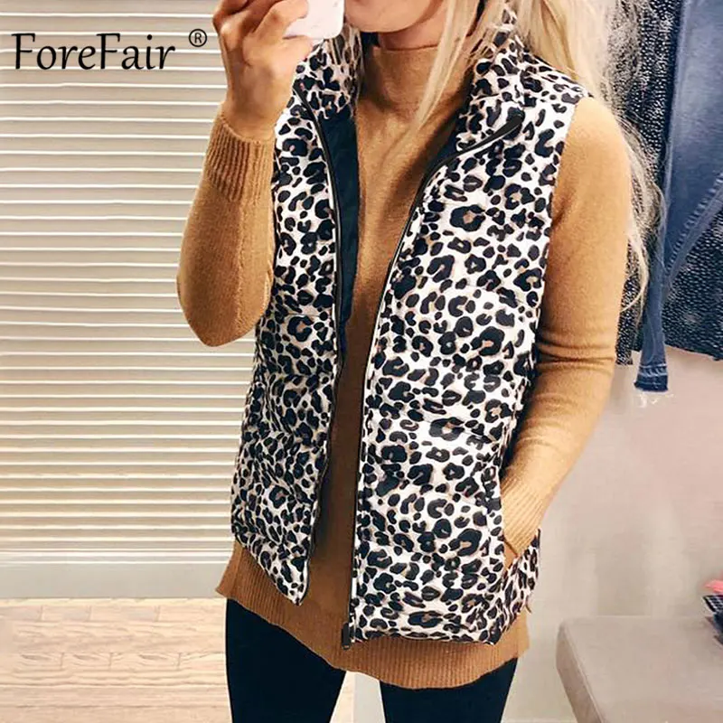 Forefair, повседневный жилет с леопардовым принтом, женский зимний жилет, женский модный жилет со стоячим воротником, куртка без рукавов, жилеты - Цвет: Khaki Vest