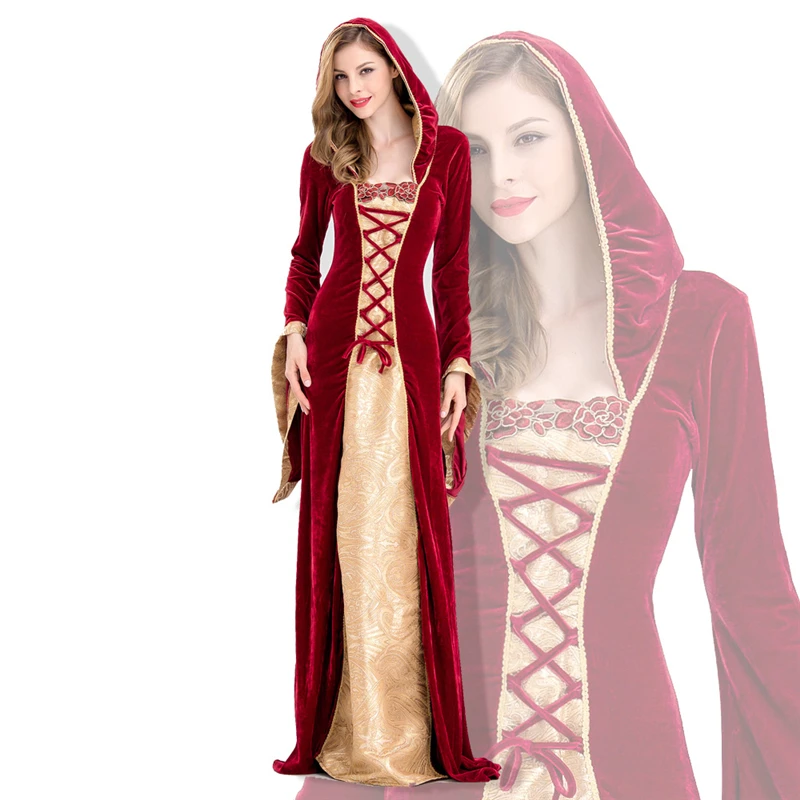

Halloween Theme Cosplay Clothing Retro Palace Long Skirt Hooded Dress Apparel Costumes Adult Christmas Get Together Party