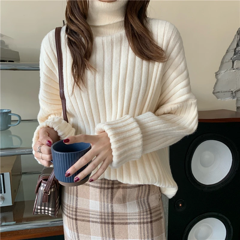 

Lazy wind thick warm pit strip solid color turtleneck pullover sweater women