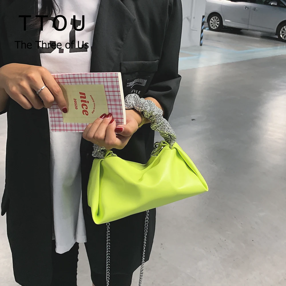 

Rhinestone Handle Design Soft PU Leather Underarm Shoulder Bag 2021 Fashion Trendy Chain Crossbody Bag for Women Pillow Handbag