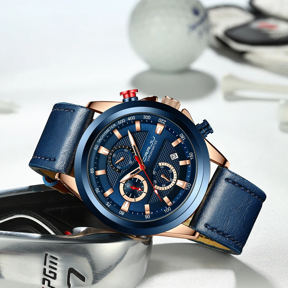 Часы CRRJU Мужские Аналоговые Роскошные Синие водонепроницаемые кварцевые