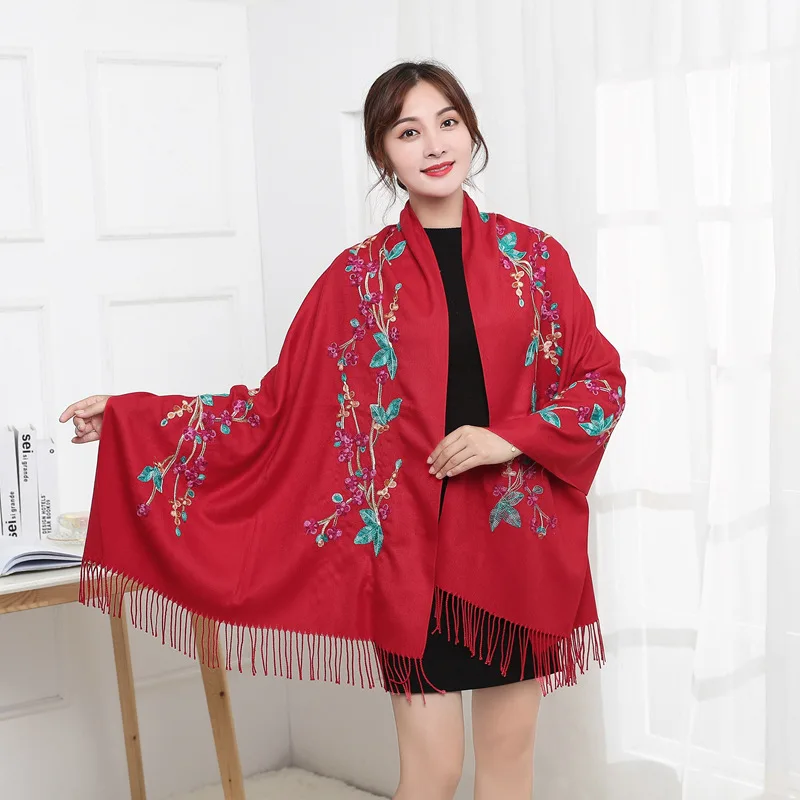 

Женский плотный шарф с вышивкой, имитация кашемира, большой шарф в этническом стиле с цветком персика, 2020