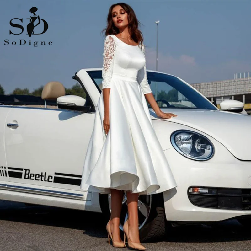 Купи SoDigne Satin Short Wedding Dresses 2021 Scoop Lace Appliques 3/4 Long Sleeves white Bridal Gown Backless Wedding Party Dress за 4,622 рублей в магазине AliExpress