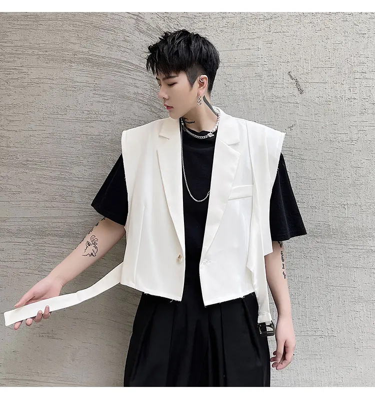

Large Summer Suit Collar Metal Buckle Lace Loose Short Vest Fashion Men's Cool Personality Jacket Vest Mens Casual Men Vest