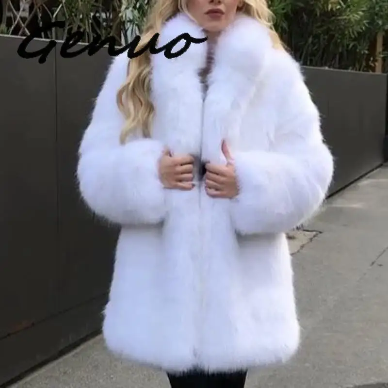 

Genuo New 2019 Faux Fox Fur Coat Women Fashion Stand Collar Pockets Fur Jacket Women Casual Long Sleeves Fur Jacket Female Ladie