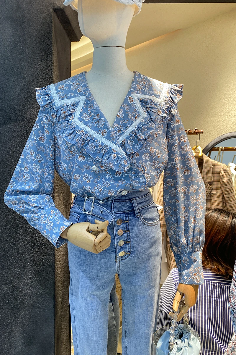 

Sweet Turn-down Colar Patchwork Floral Top for Women Spring Elegant Stringy Selvege Blue Chiffon Shirt Fashion All-match Blouse