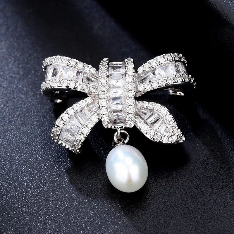 FXLRY New elegant bow freshwater pearl brooch micro-inlaid zircon pin fashion women coat | Украшения и аксессуары