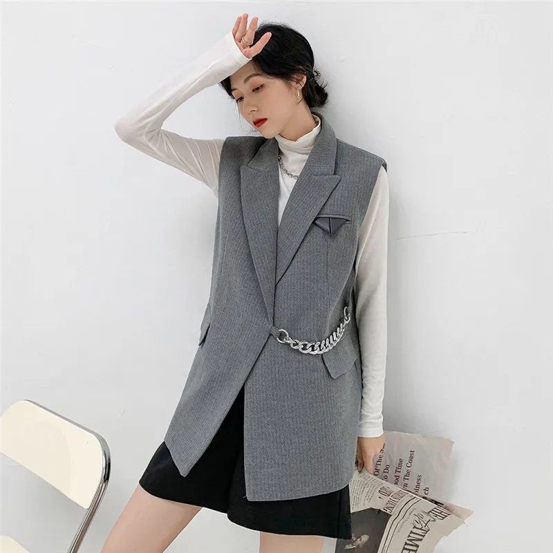 

2020 Autumn And Winter New Simple Fashion Chain Solid Color Mid Length Sleeveless Temperament Suit Vest Female Jacket C216