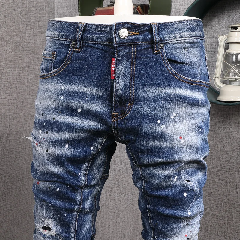 European American Street Fashion Men Jeans Retro Blue Elastic Slim Ripped Jeans Men Painted Designer Hip Hop Denim Punk Pants