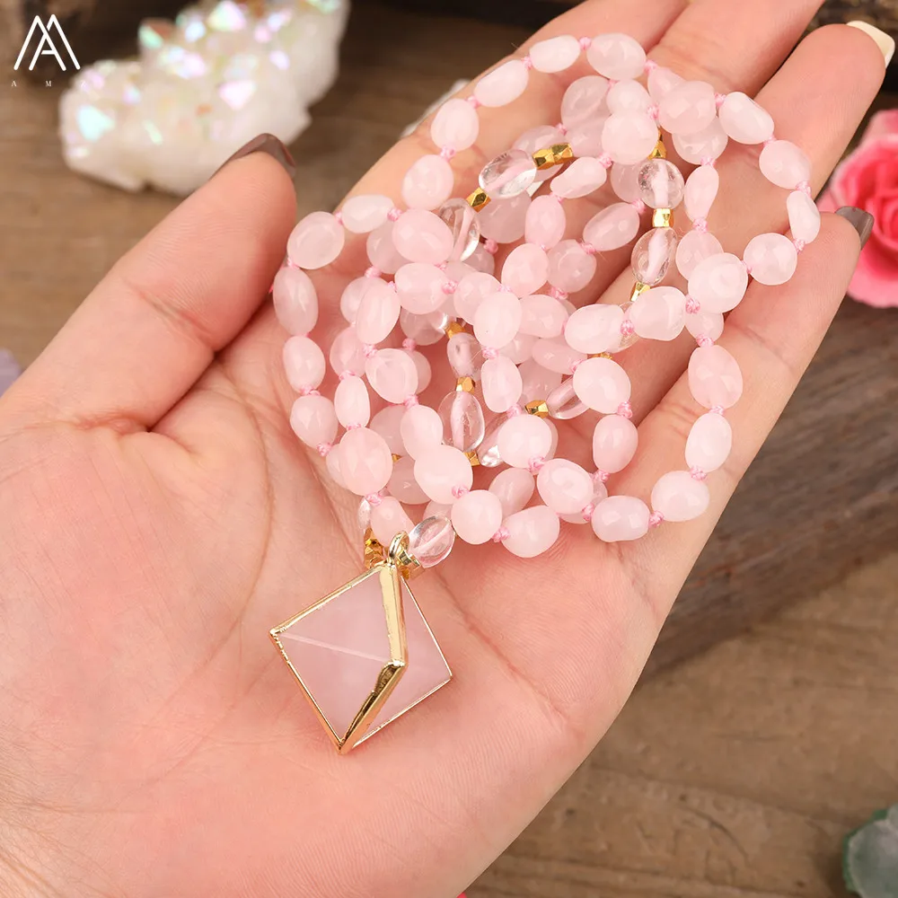 

Natural Pink Quartz Rhombus Beads Pendant White Quartz Chip Beads 108 Prayer Beads Knot Braided Necklace Women Handmade Jewelry