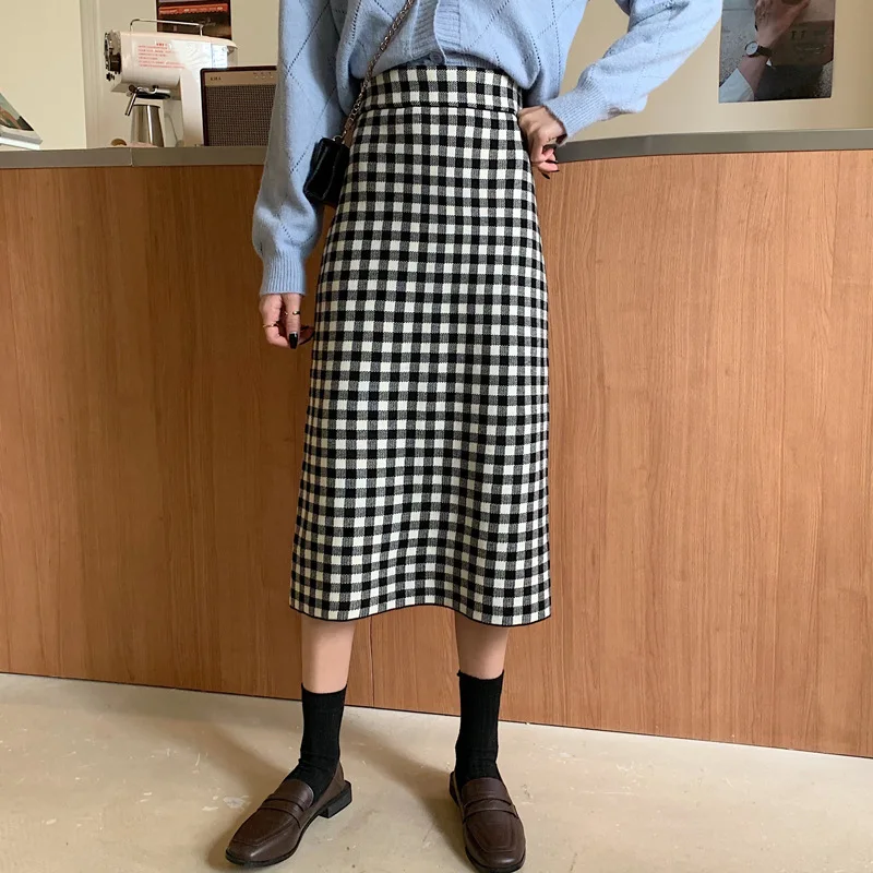 Элегантная клетчатая трикотажная Женская юбка-свитер 2020 осень-зима Эластичная