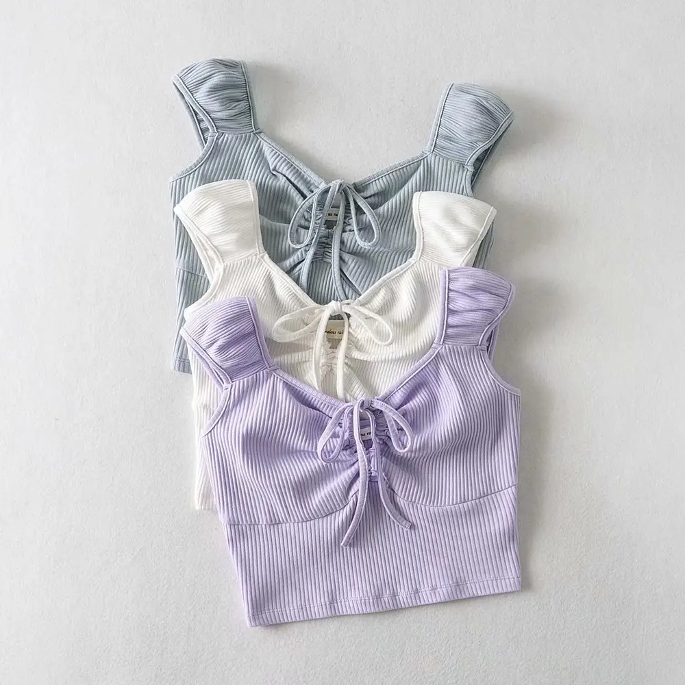 

GOPLUS Tops V-neck Sleeveless T Shirt Women 2021 Vintage Lace Up Purple White Tees Femme T-shirts Dames Shirt Mujer Camisetas