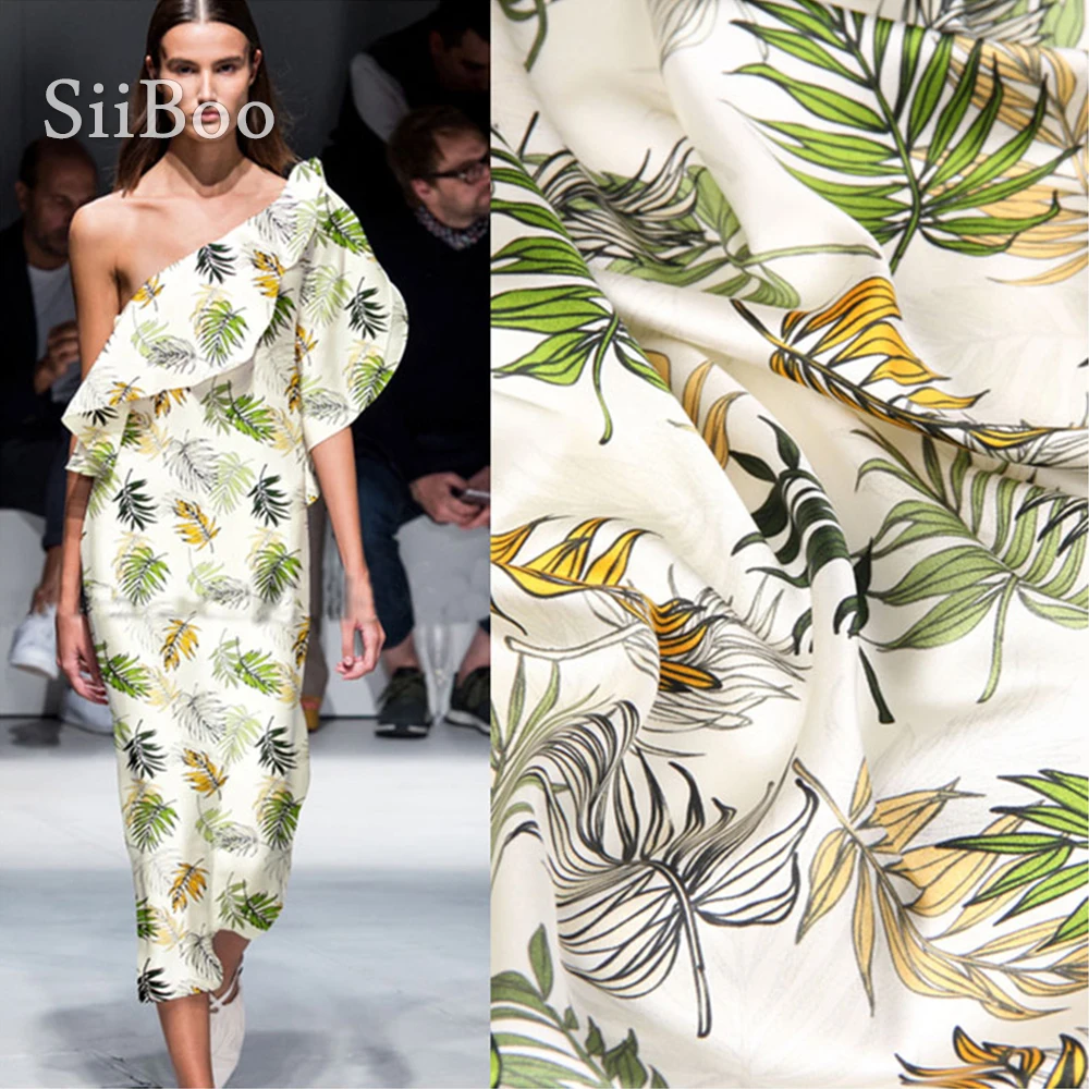 

Пасторальная ткань с принтом желтых зеленых листьев, шелковая ткань из спандекса, одежда для платья, ткань из натурального шелка, тканевая п...