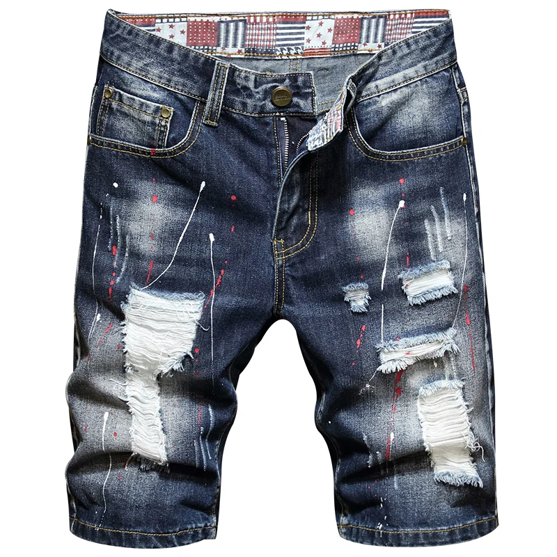 

2021 Summer Brand Clothing Trend Men's Fashion Straight Denim Shorts Classic Pockets Torn Hole Paint Print Youth Cotton Shorts