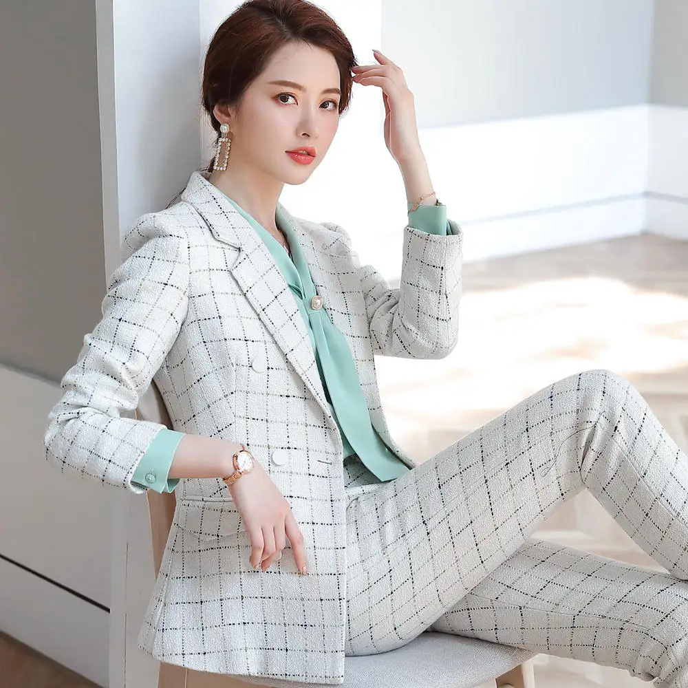 Женский костюм с клетчатыми брюками зимний модный женский твидовый пиджак