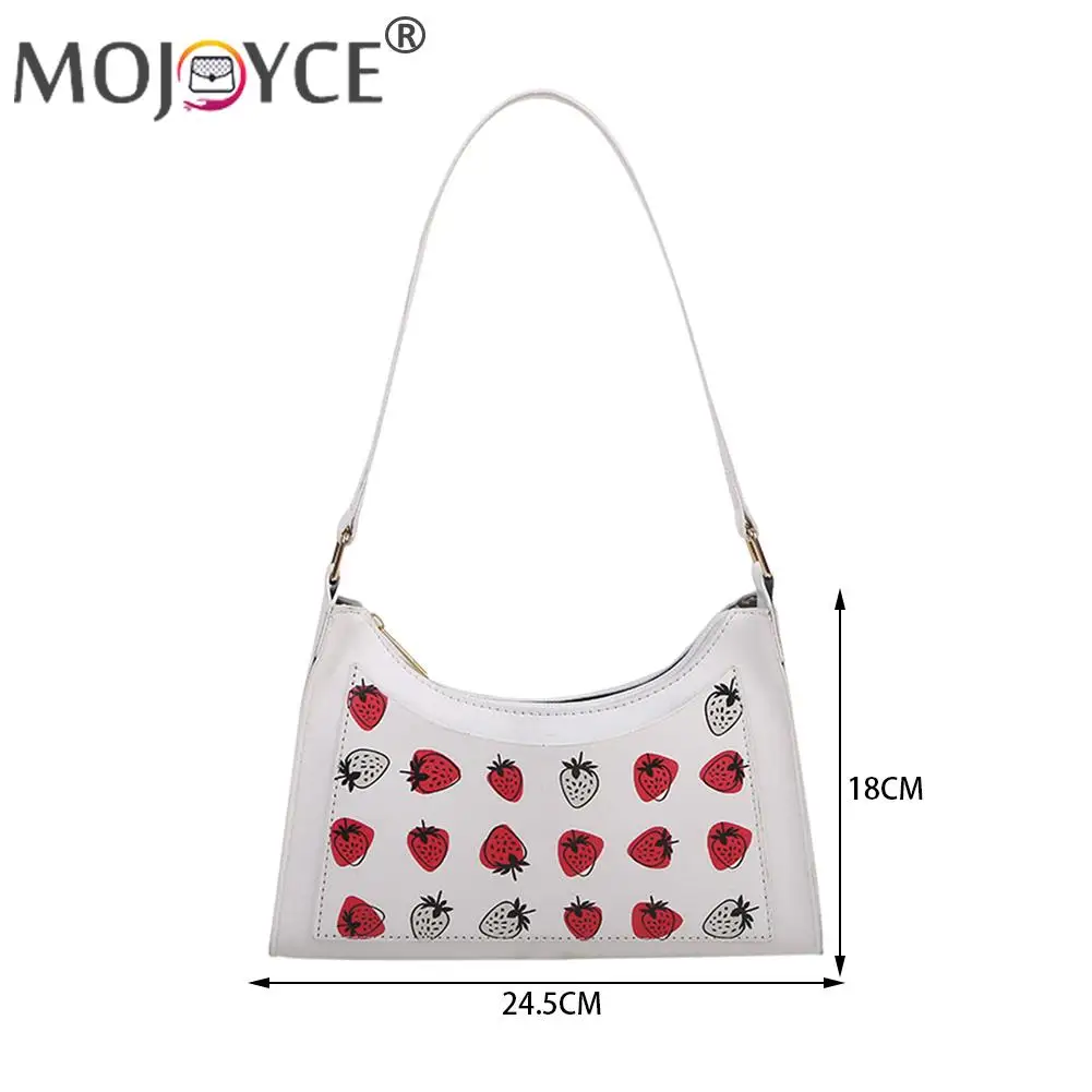 

Portable PU Leather Shoulder Top-handle Bag Fashion Women Strawberry Printed Underarm Purse Casual Travel Zipper Hobos Handbags