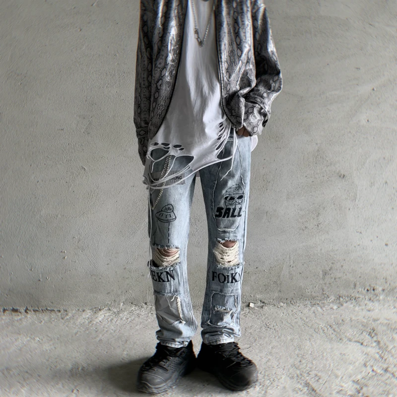 Мужские светильник сы с вырезами на коленях С Вышивкой Букв|Мужские джинсы| |