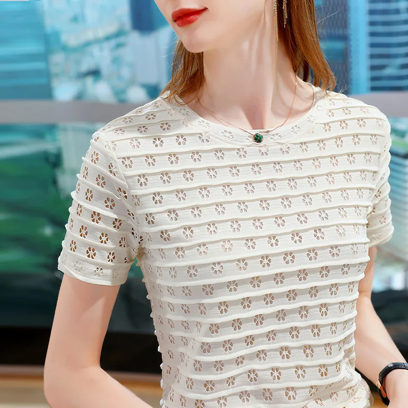 

New summer women's dress in 2021 with lace top sexy hollow out round neck and unique fold design