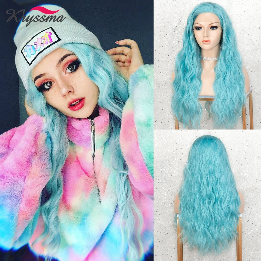 

Kryssma 13x4 Blue Synthetic Lace Front Wig Long Wavy Synthetic Hair Glueless Lace Wigs with Natural Hairline High Temperature