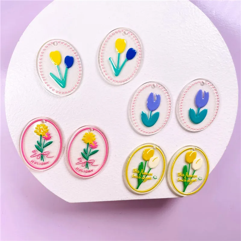 

New arrived 50pcs/lot cartoon flowers pattern print geometry ovals shape acrylic beads diy jewelry earring/garment accessory