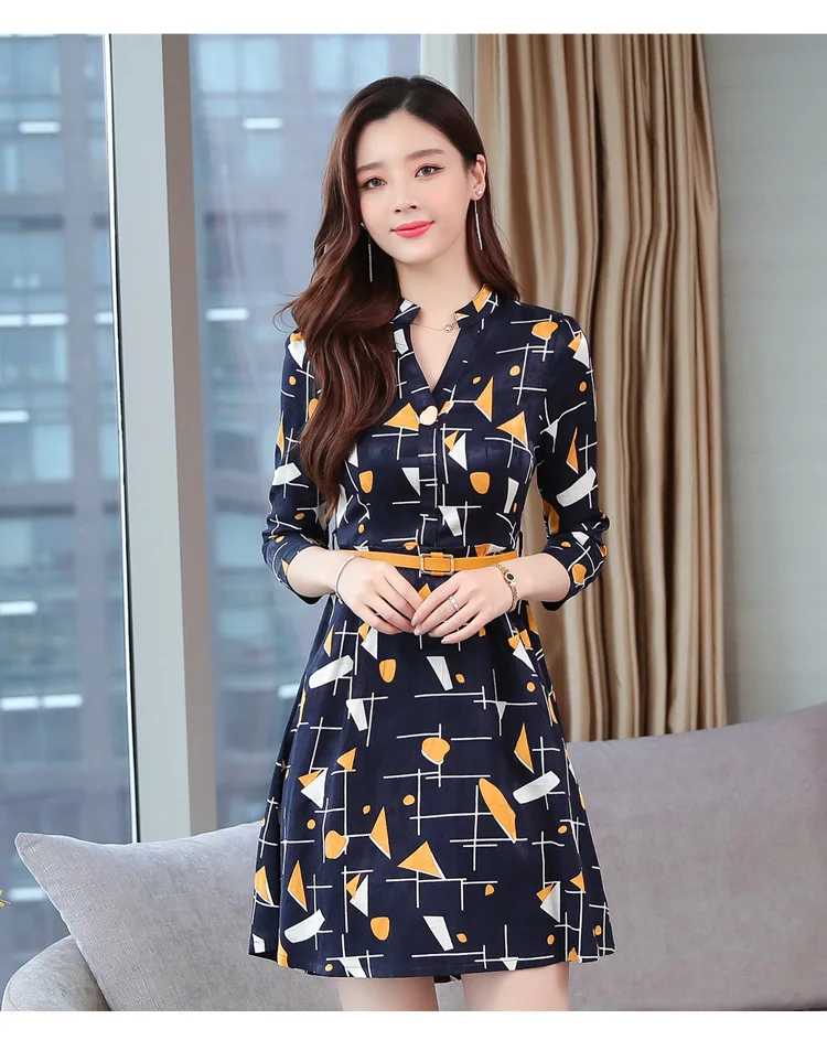 Vintage Print Chiffon Long Sleeve Mini Dress Autumn Winter Chic Plus Size Women Bodycon Dress Elegant Femal Party Vestidos
