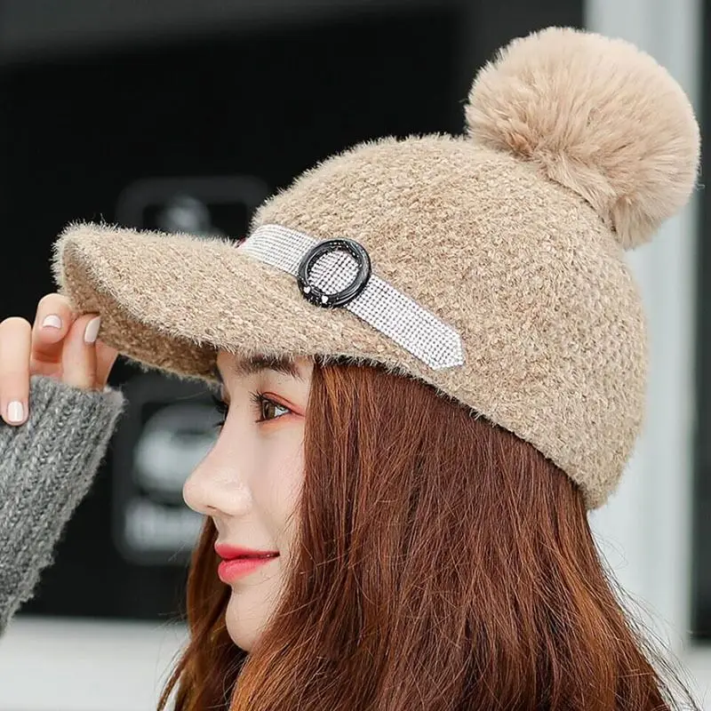 2019 New Winter Fur Pompom Hat For Women Autumn Cotton Knitted Baseball Cap With Pompon Brand Visor Caps Ladies Skullies Beanies |
