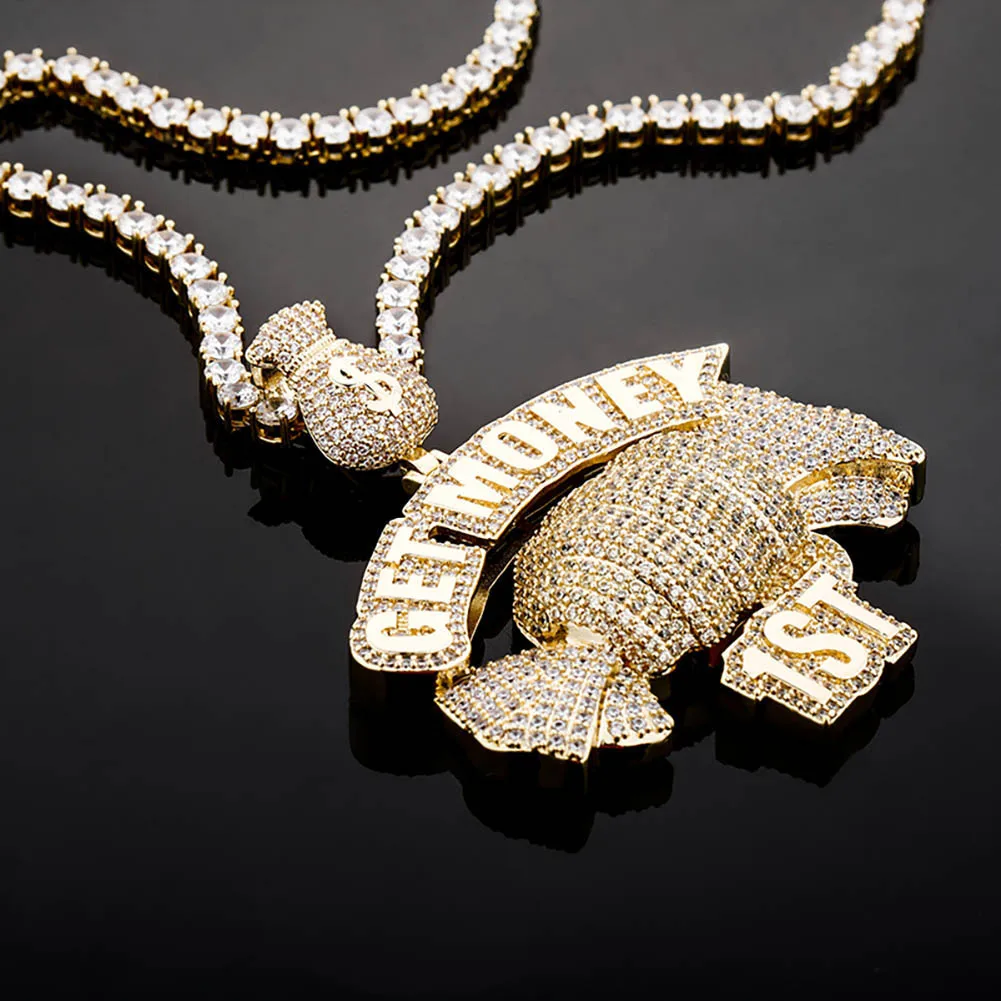 

Candy Pendant Necklace Money Bag Hook "GET MONEY" With Gold Tennis Chain Hip Hop Punk Charm Jewelry For Men Women