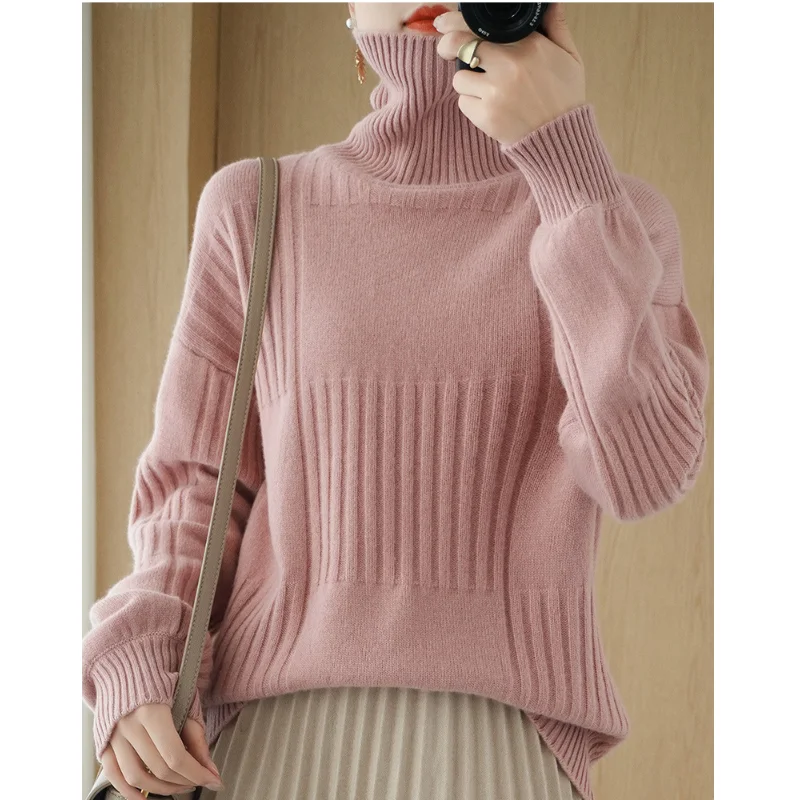 

Autumn Spring Women Sweater New Lantern Sleeve Bottom Shirt Fashion High Neck Casual Female Solid Color Pullover Knitted Tops