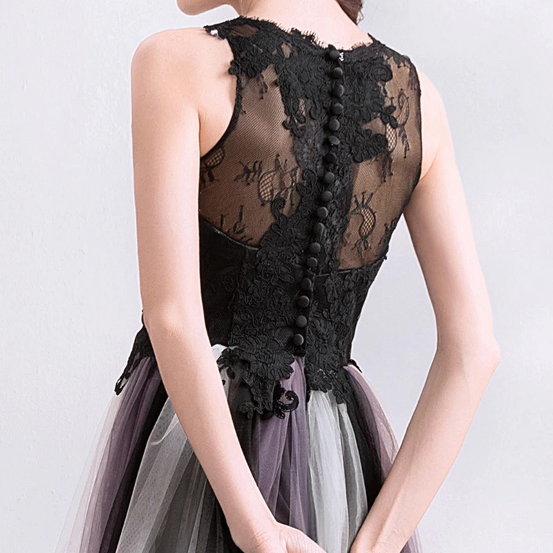 

Luxury Black Evening Dresses Illusion Sleeveless V-Neck Button Floor-Length Embroidery A-Line Tulle Lady Formal Party Gown TS532