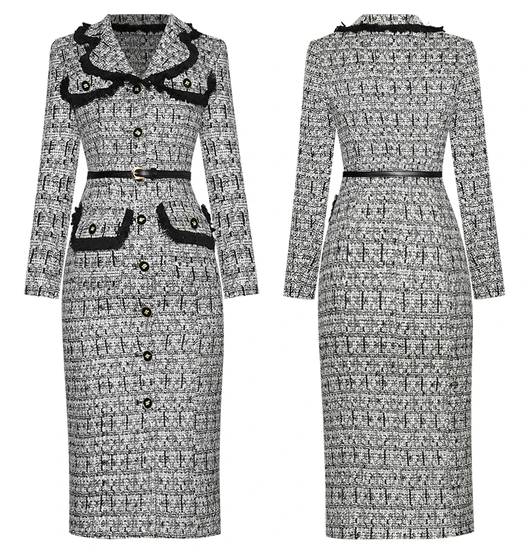 

Winner 2021 Autumn Casual Women Tweed Long Sleeve Dress With Belts For Ladies Slim Clothes Ydy