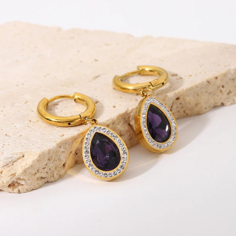 

Minar Luxury Purple Color Crystal Shiny Rhinestone Waterdrop Pendant Earrings for Women Metal Hollow Round Hoop Earrings Jewelry
