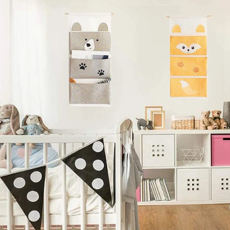 

Set of 2 Hanging Cartoon Storage Bags,Hanging Organizer with Animals Pattern,for Nursery&Bathroom Decor