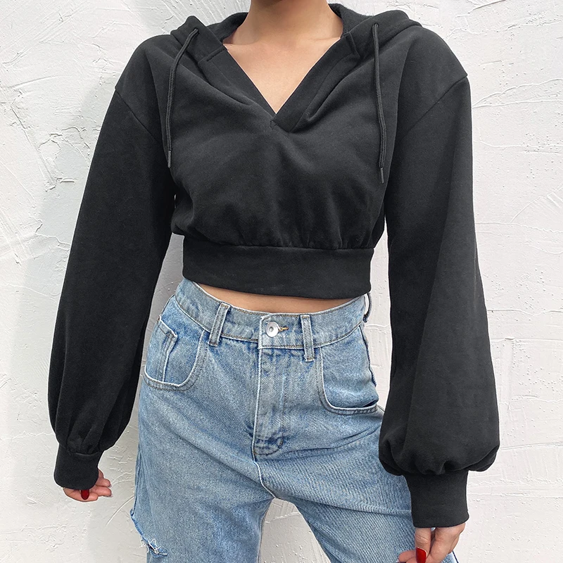 

Black Hooded V Neck Casual Sweatshirts Oversized Short Women Korean Fashion Crop Top Long Sleeve Pullover Sport Streetwear