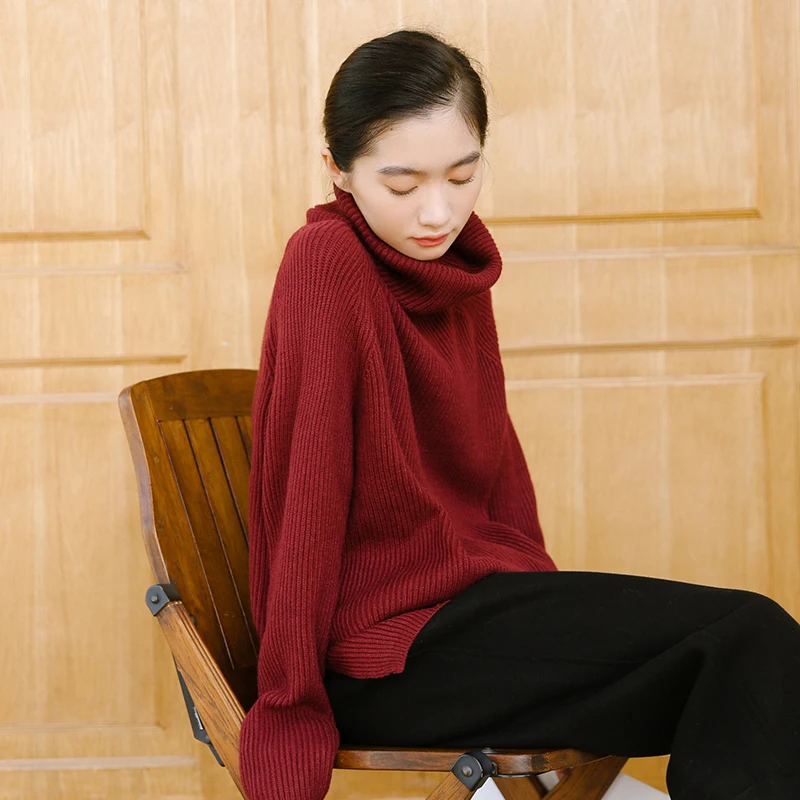 Красный свитер с высоким воротником женский зимний осенний Свободный